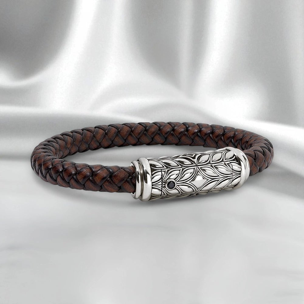 Persian Shield Men’s Twisted Brown Leather Bracelet with Natural Diamonds - DaneilaLeon