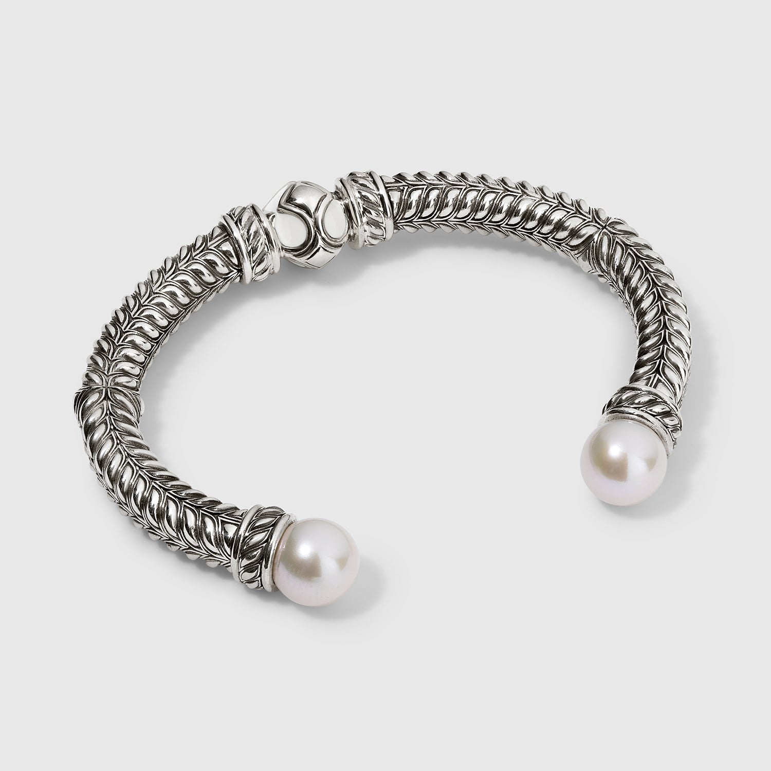 Daneila Léon women’s sterling silver cuff bracelet featuring 10mm freshwater pearls and ivory-colored enamel