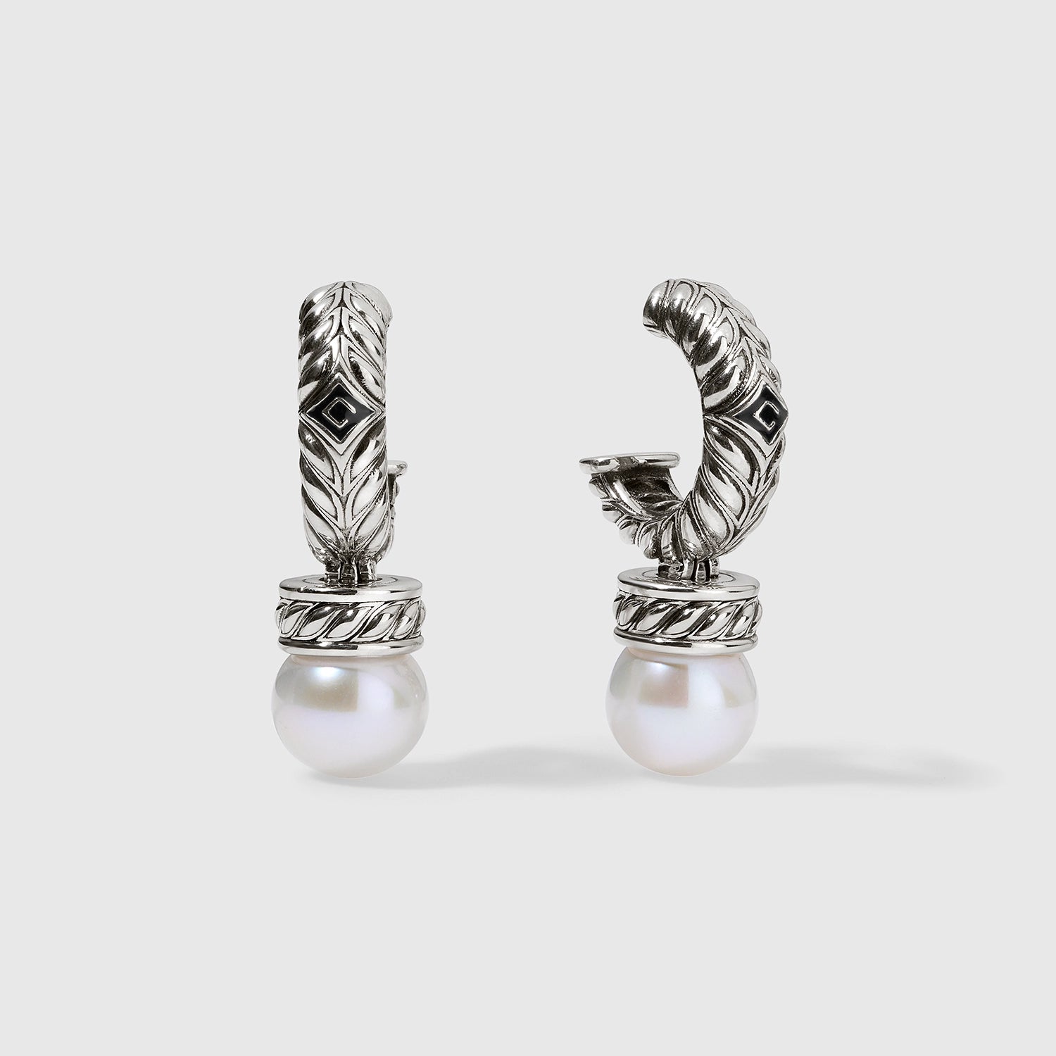 Daneila Léon silver Persian Shield leaf earrings with 8mm rounded freshwater pearls
