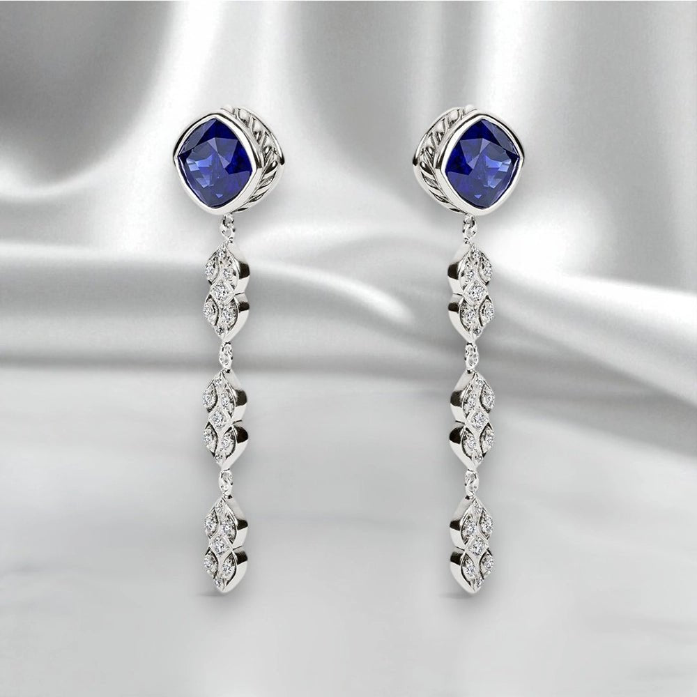Persian Shield Sapphire & Diamond Drop Earrings – Cushion - Cut 4.7ctw Lab Sapphire - DaneilaLeon