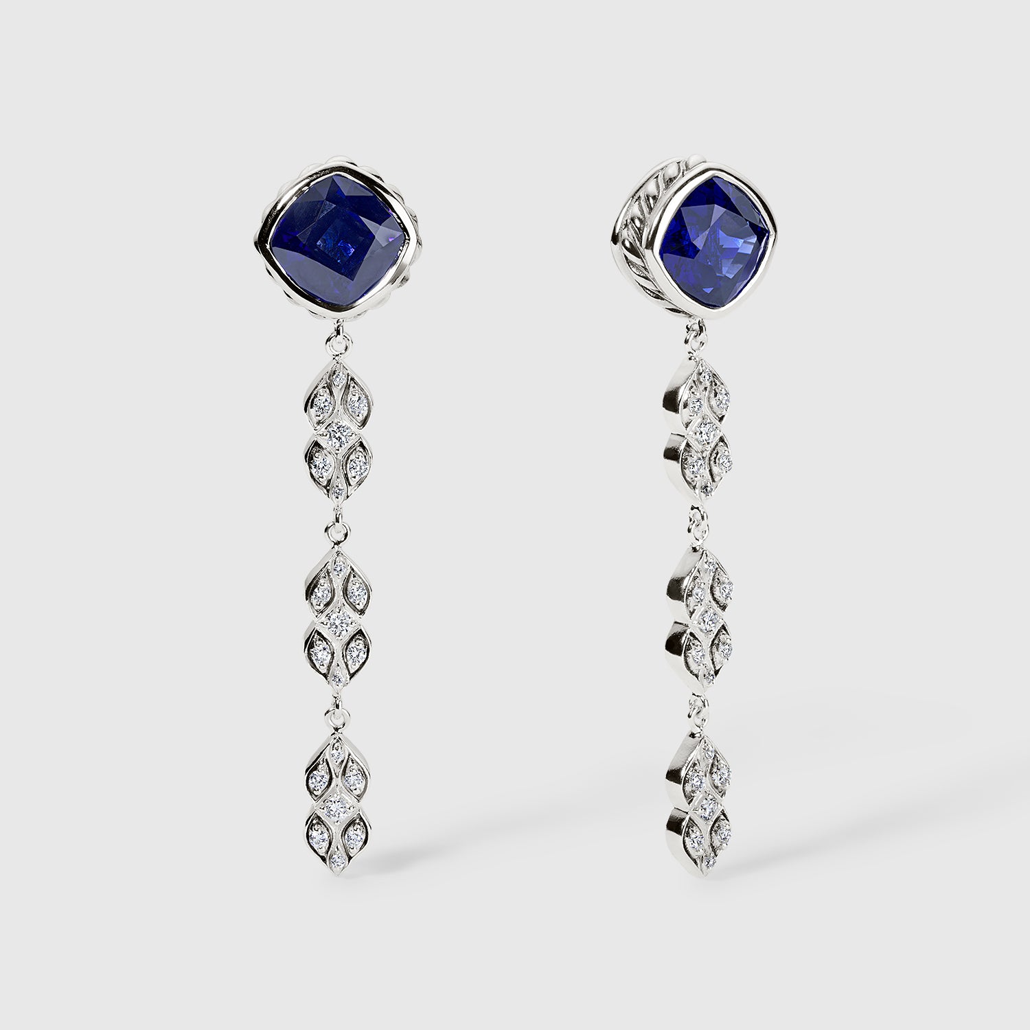 Daneila Léon silver Persian Shield leaf earrings with 4.7 carat lab-grown blue sapphires and 0.70 carat lab-grown diamonds