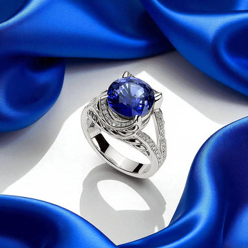 Silver ring with a large blue gemstone and small diamonds set on a white surface with deep blue satin fabric in the background.