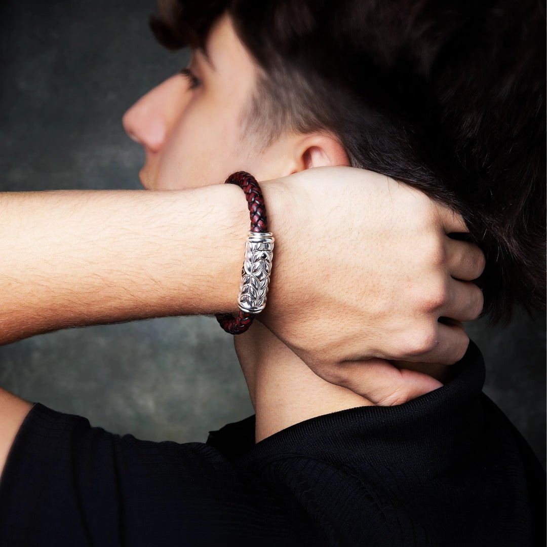 Persian Shield Men’s Twisted Brown Leather Bracelet with Natural Diamonds - DaneilaLeon