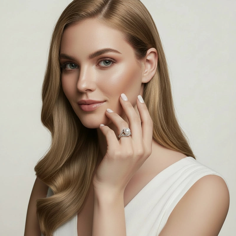 Close-up portrait of a woman wearing a sterling-silver pearl ring, photographed against a soft off-white studio background
