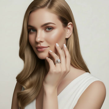 Close-up portrait of a woman wearing a sterling-silver pearl ring, photographed against a soft off-white studio background