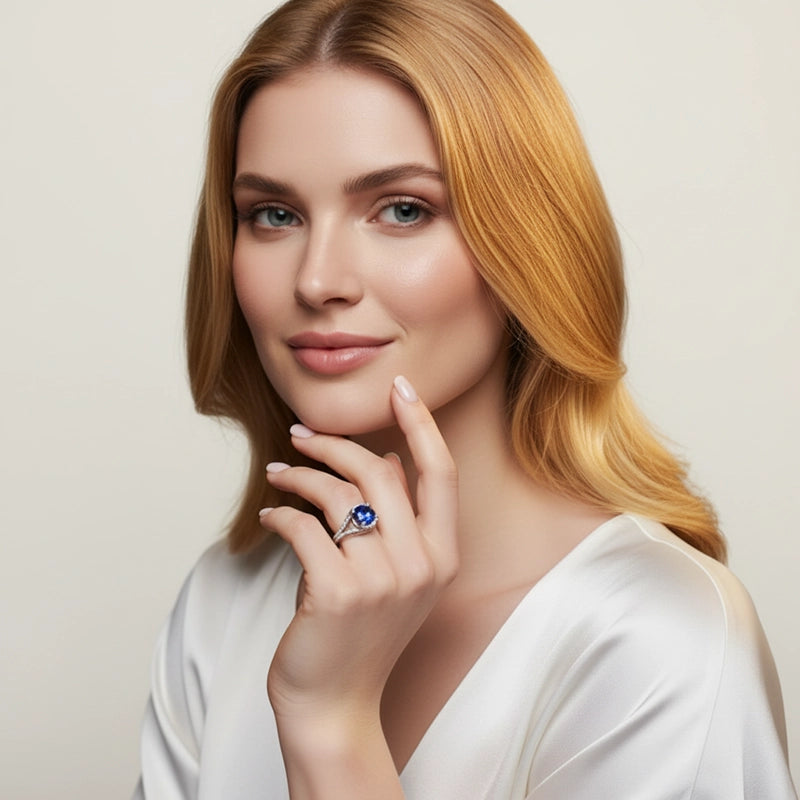 Studio portrait of a woman wearing a sterling-silver blue sapphire ring, shown against a light off-white background.