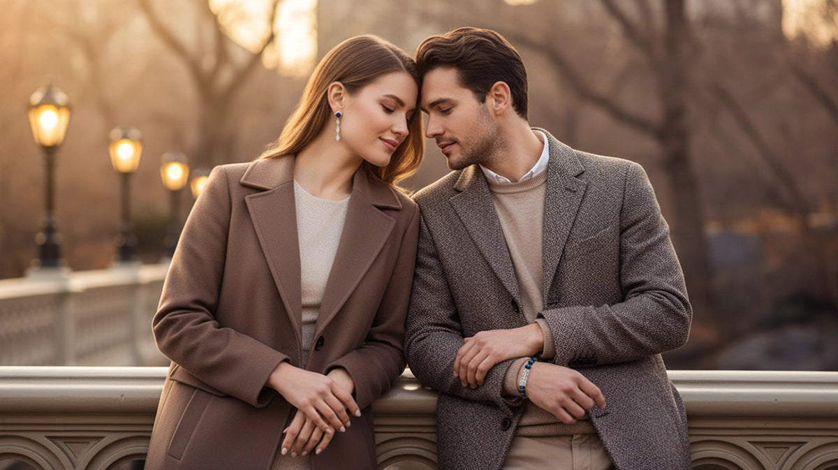 A refined winter portrait of a stylish couple leaning together on a bridge in Central Park, wearing neutral coats and elegant silver jewelry, with warm holiday lights glowing softly in the background.slider_item_UFaDBy