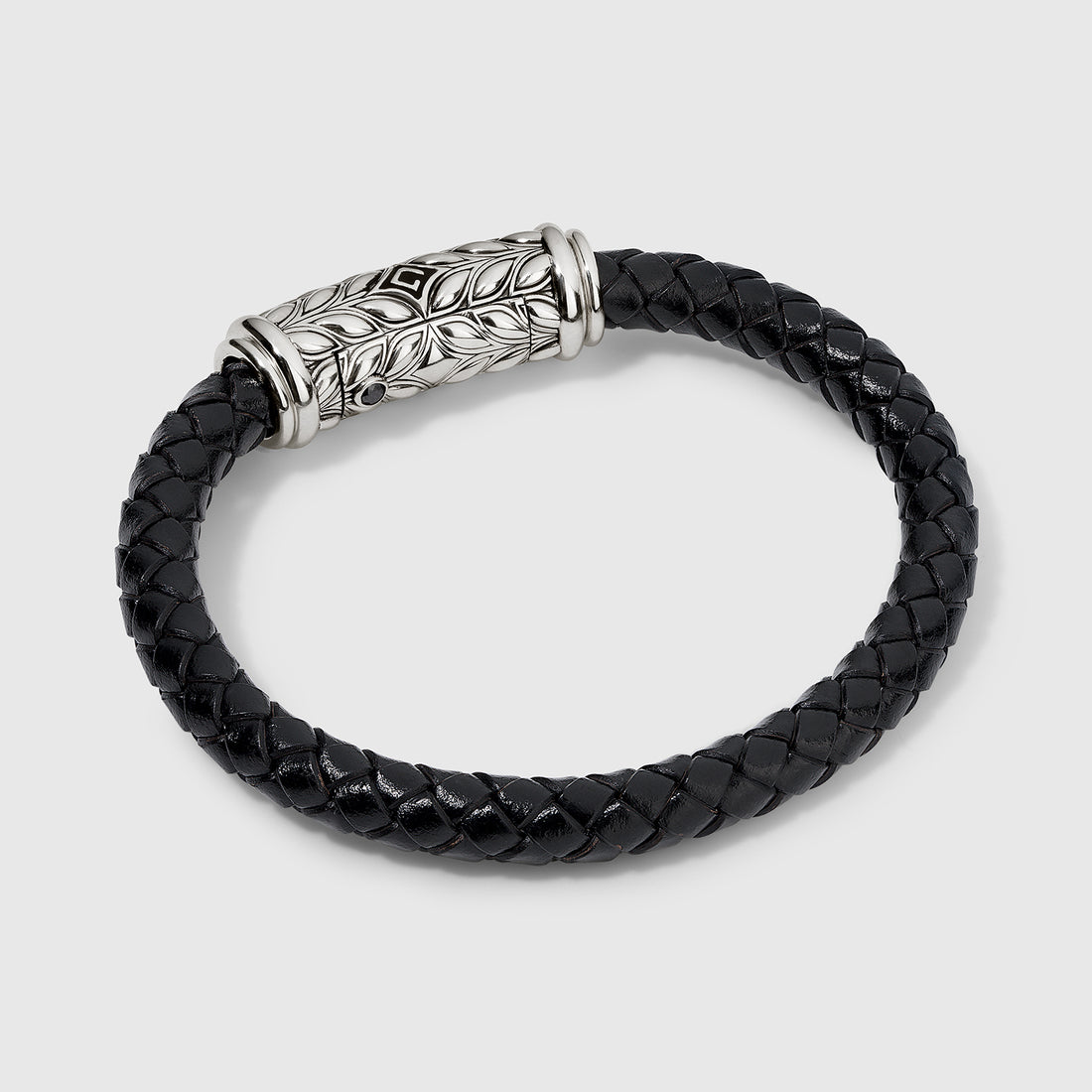 Persian Shield Black Leather Bracelet with Natural Black Diamonds In Sterling Silver