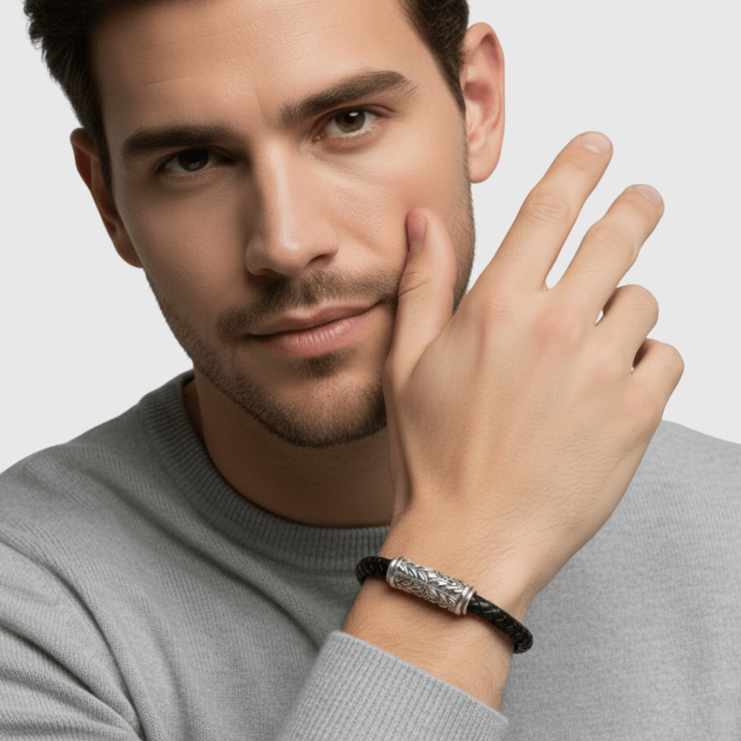 Persian Shield Black Leather & Natural Diamond Unisex Bracelet - DaneilaLeon