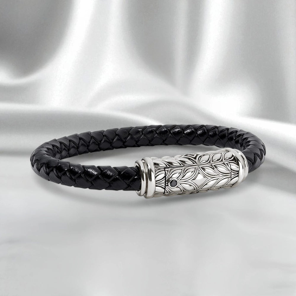 Persian Shield Men’s Twisted Black Leather Bracelet with Natural Diamonds - DaneilaLeon