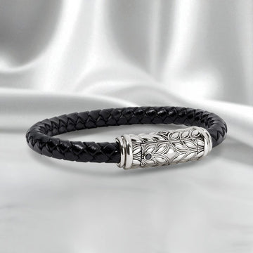 Persian Shield Men’s Twisted Black Leather Bracelet with Natural Diamonds - DaneilaLeon