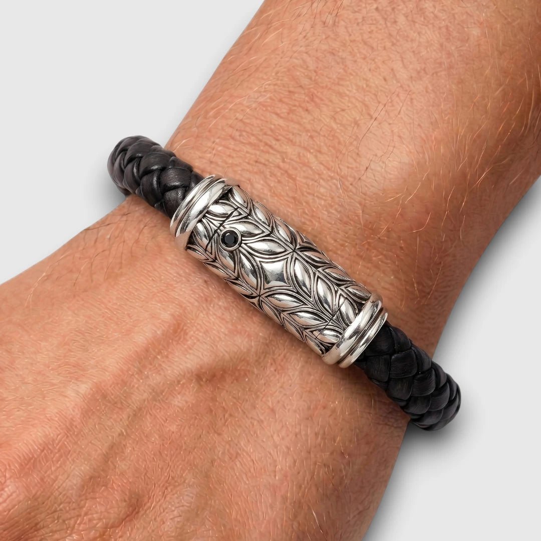 Persian Shield Black Leather & Diamond Men's Bracelet - DaneilaLeon
