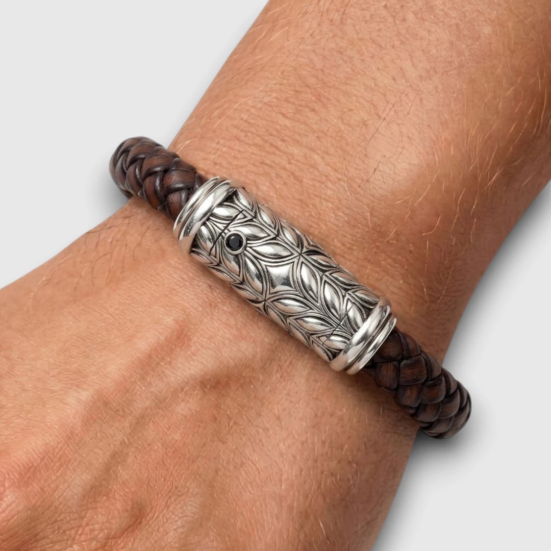 Persian Shield Brown Leather & Natural Diamond Men's Bracelet - DaneilaLeon
