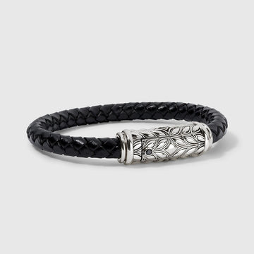 Persian Shield Black Leather & Natural Diamond Unisex Bracelet - DaneilaLeon