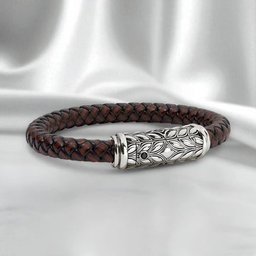 Persian Shield Men’s Twisted Brown Leather Bracelet with Natural Diamonds - DaneilaLeon