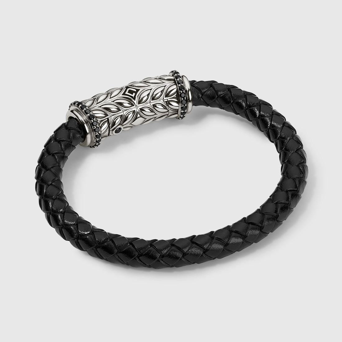 Persian Shield Leaf Black Leather Bracelet with Natural Black Diamonds In Sterling Silver