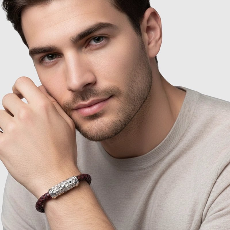 Persian Shield Brown Leather & Natural Diamond Unisex Bracelet - DaneilaLeon