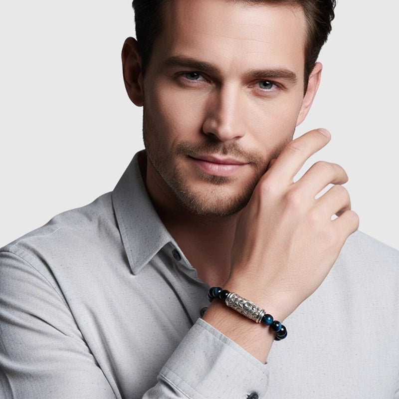 Persian Shield Unisex Bracelet — Blue Tiger Eye & Natural Black Diamond Clasp - DaneilaLeon