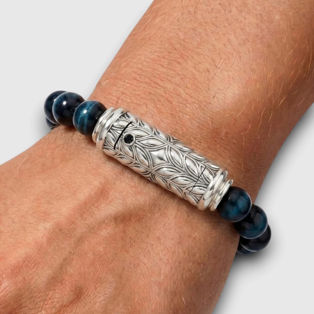Persian Shield Unisex Bracelet — Blue Tiger Eye & Natural Black Diamond Clasp - DaneilaLeon