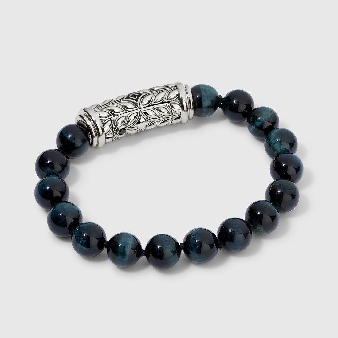 Persian Shield Blue Tiger Eye Interchangeable Strand with Natural Black Diamonds In Sterling Silver