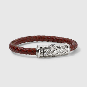 Persian Shield Champaign Leather Bracelet with Natural White Diamonds In Sterling Silver