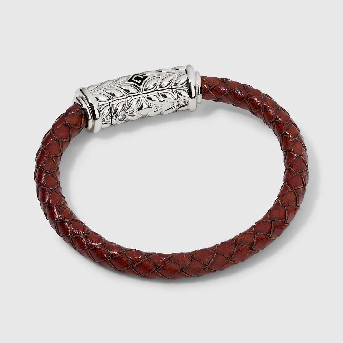 Persian Shield Champaign Leather Bracelet with Natural White Diamonds In Sterling Silver