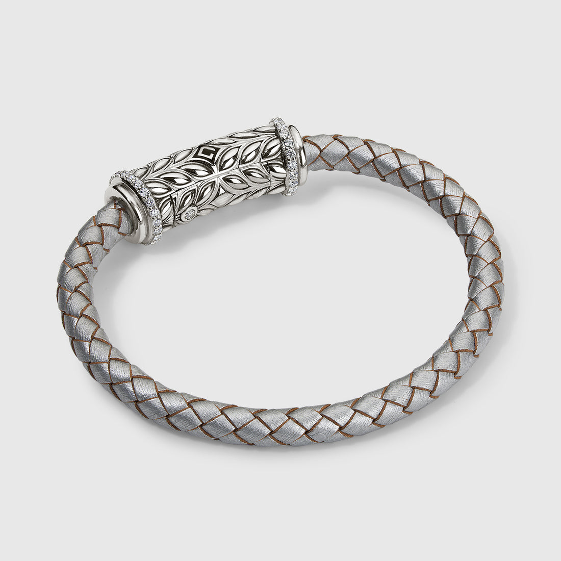 Persian Shield Leaf Silver Leather Interchangeable Bracelet with LG Diamonds In Sterling Silver