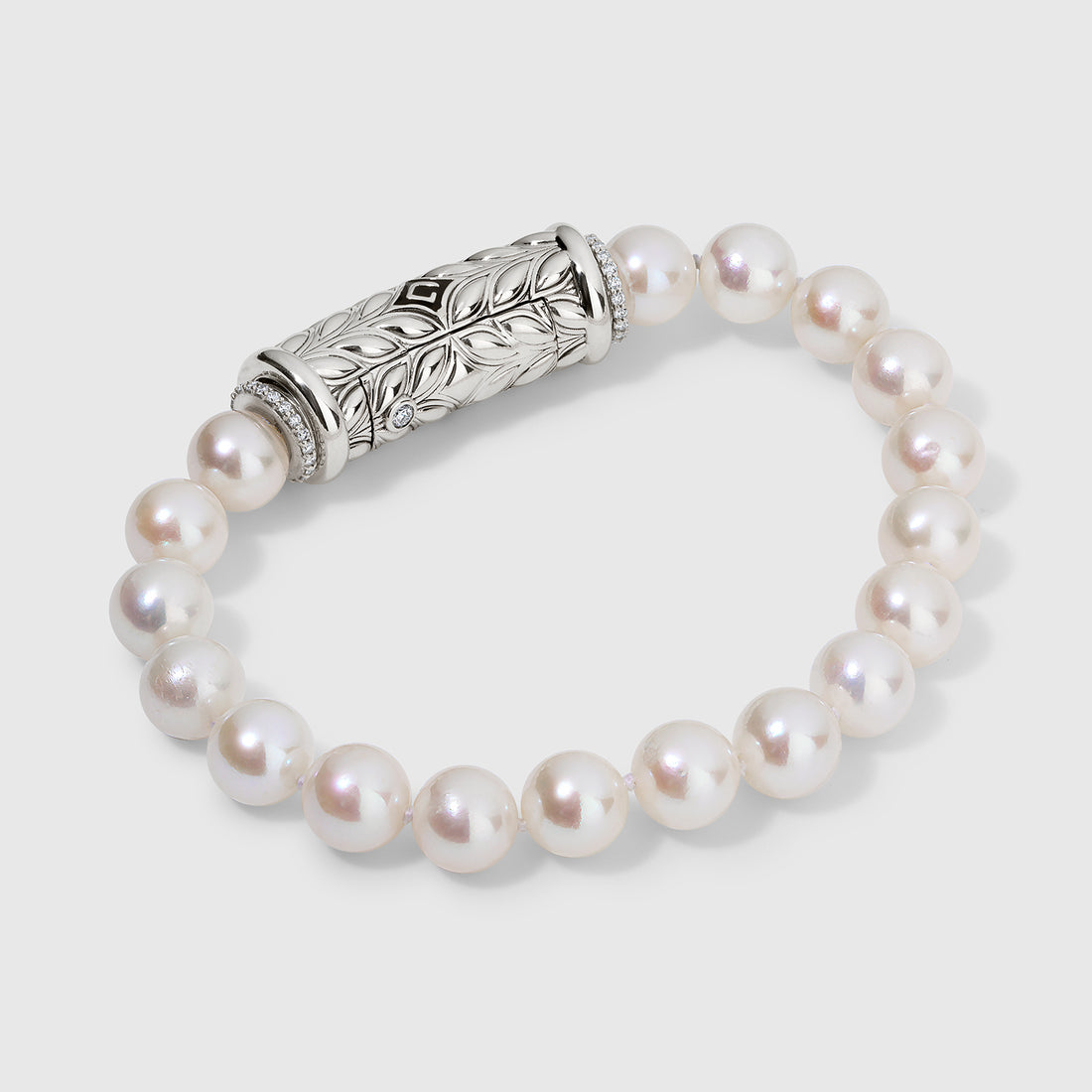 Persian Shield Leaf Bracelet with Fresh Water Pearls Strand & Natural White Diamonds In Sterling Silver