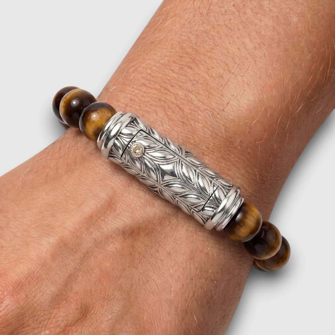 Persian Shield Yellow Tiger Eye & Diamond Men's Bracelet - DaneilaLeon