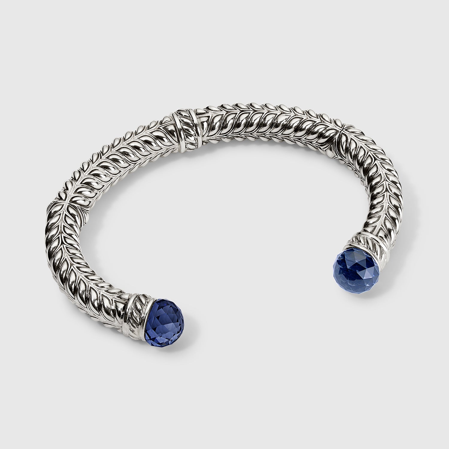 Persian Shield Leaf Cuff with Multi Faceted LG Blue Sapphire In Sterling Silver