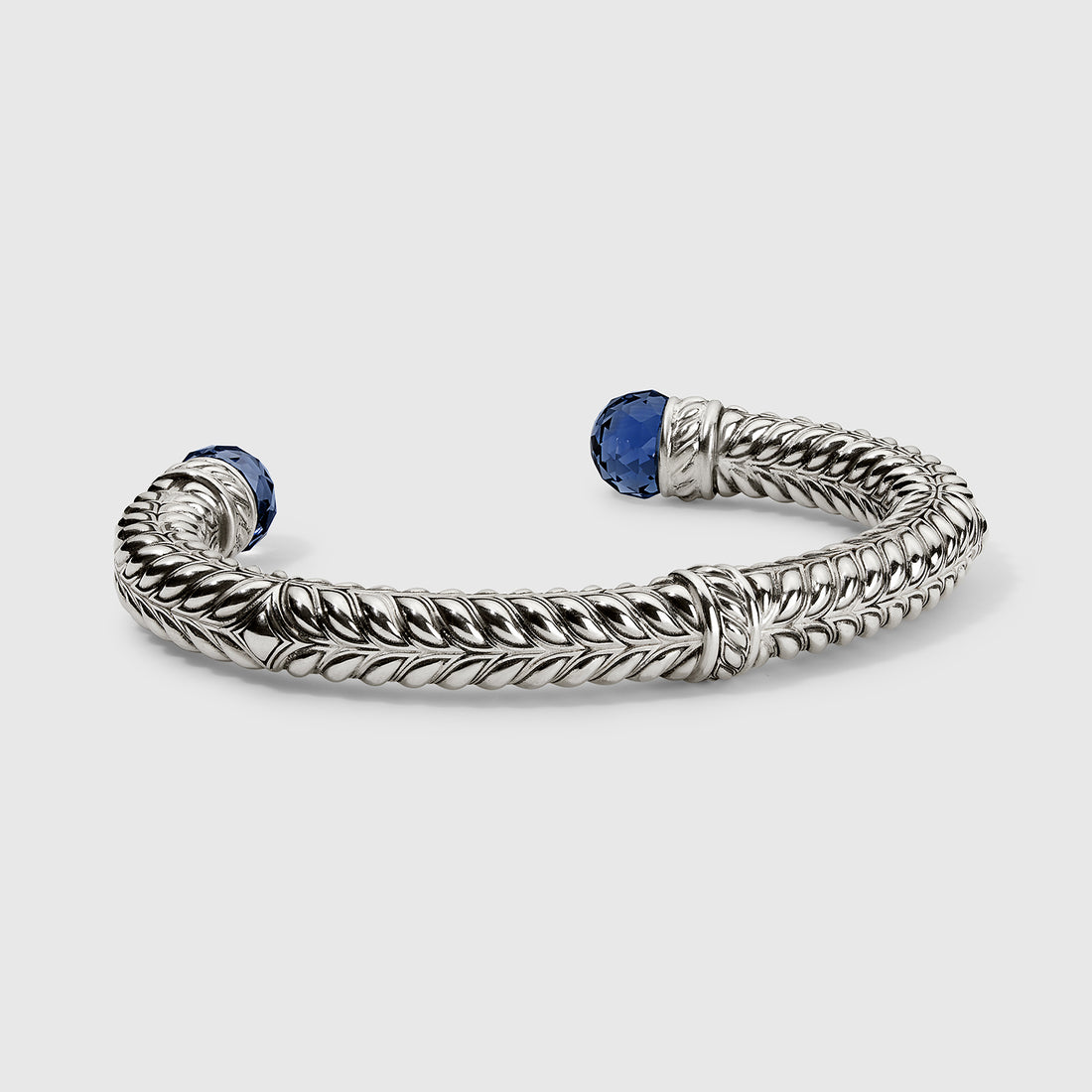 Persian Shield Leaf Cuff with Multi Faceted LG Blue Sapphire In Sterling Silver