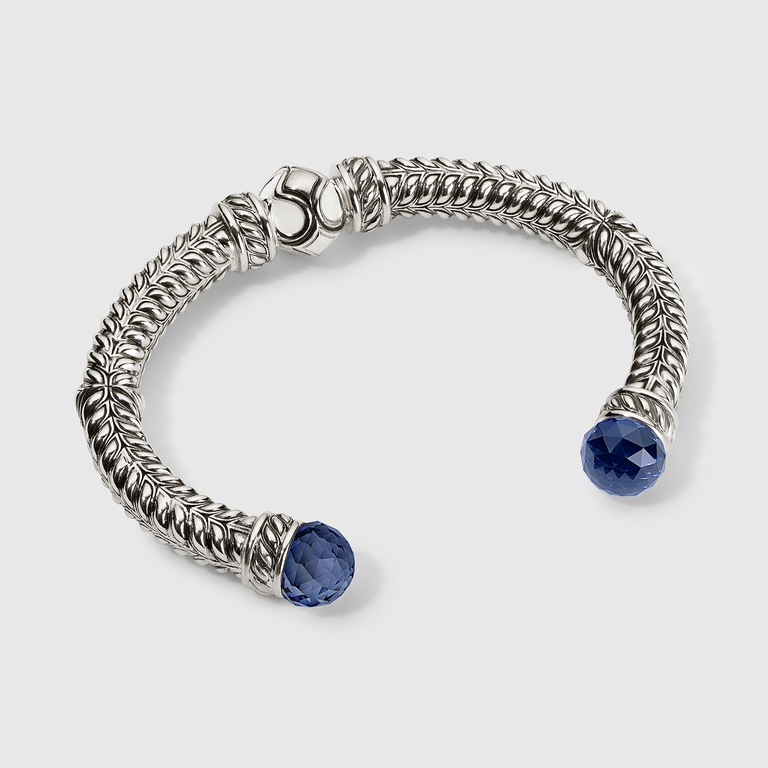 Persian Shield Leaf Cuff with Multi Faceted LG Blue Sapphire & Ivory Enamel In Sterling Silver