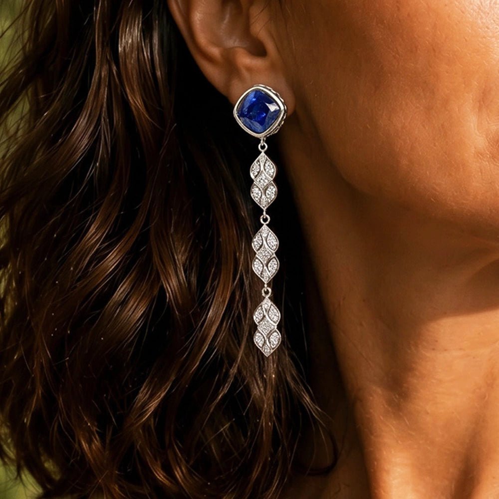 Persian Shield Chandelier Blue Sapphire Earrings With Diamonds - DaneilaLeon