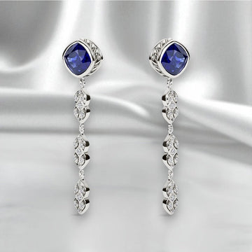 Persian Shield Sapphire & Diamond Drop Earrings – Cushion - Cut 4.7ctw Lab Sapphire - DaneilaLeon