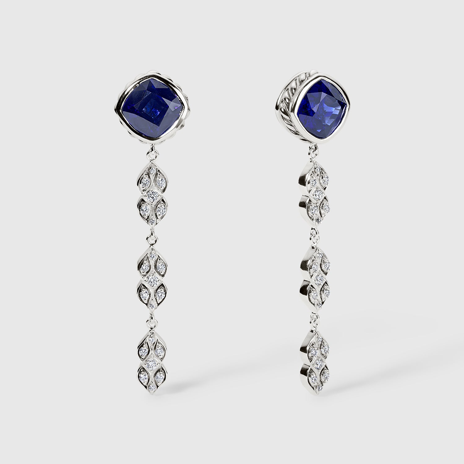 Persian Shield Leaf  Earrings with LG Cushion Blue Sapphires & LG Diamonds In Sterling Silver