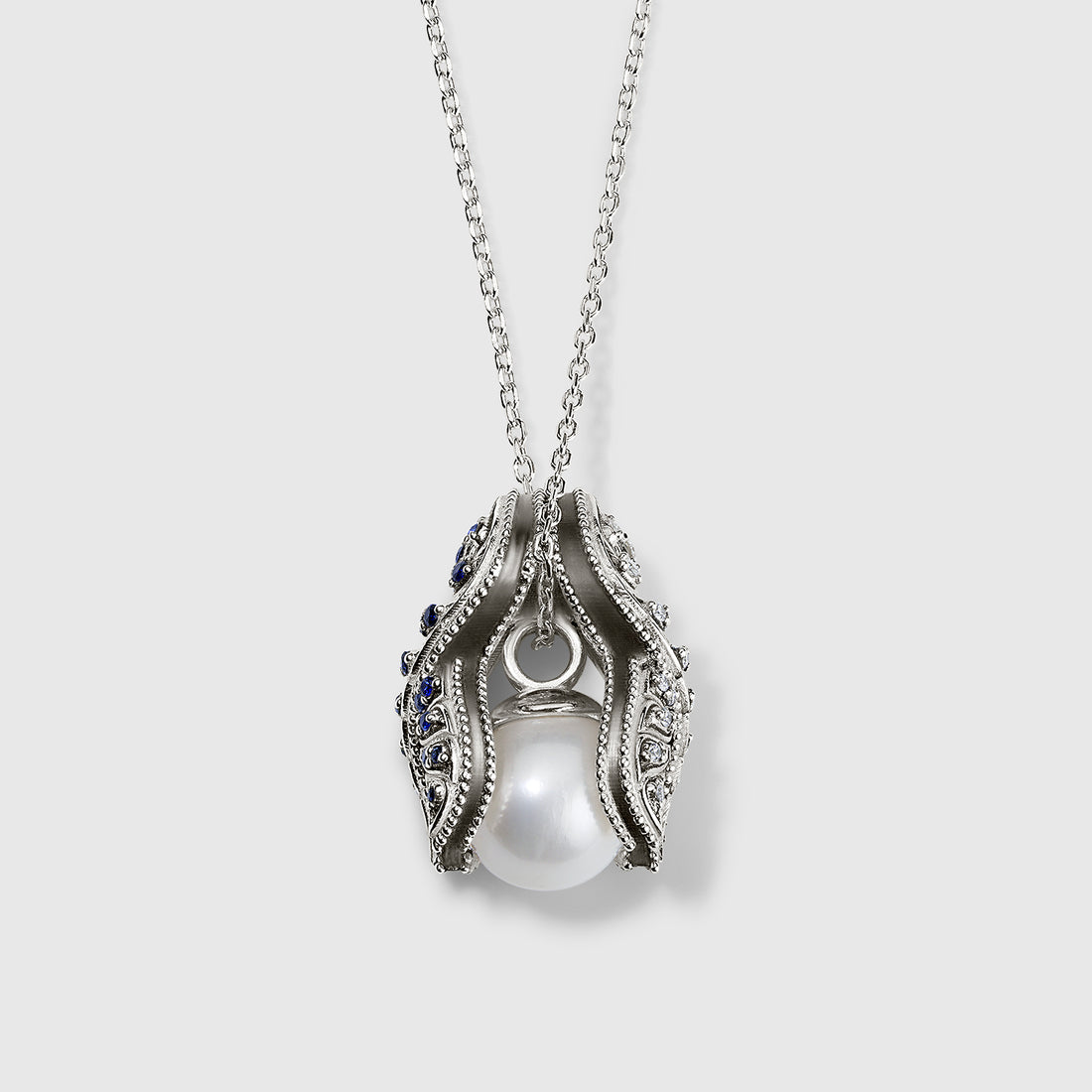 Persian Shield Pendant White Pearl with LG Diamonds & Natural Blue Sapphires In Sterling Silver