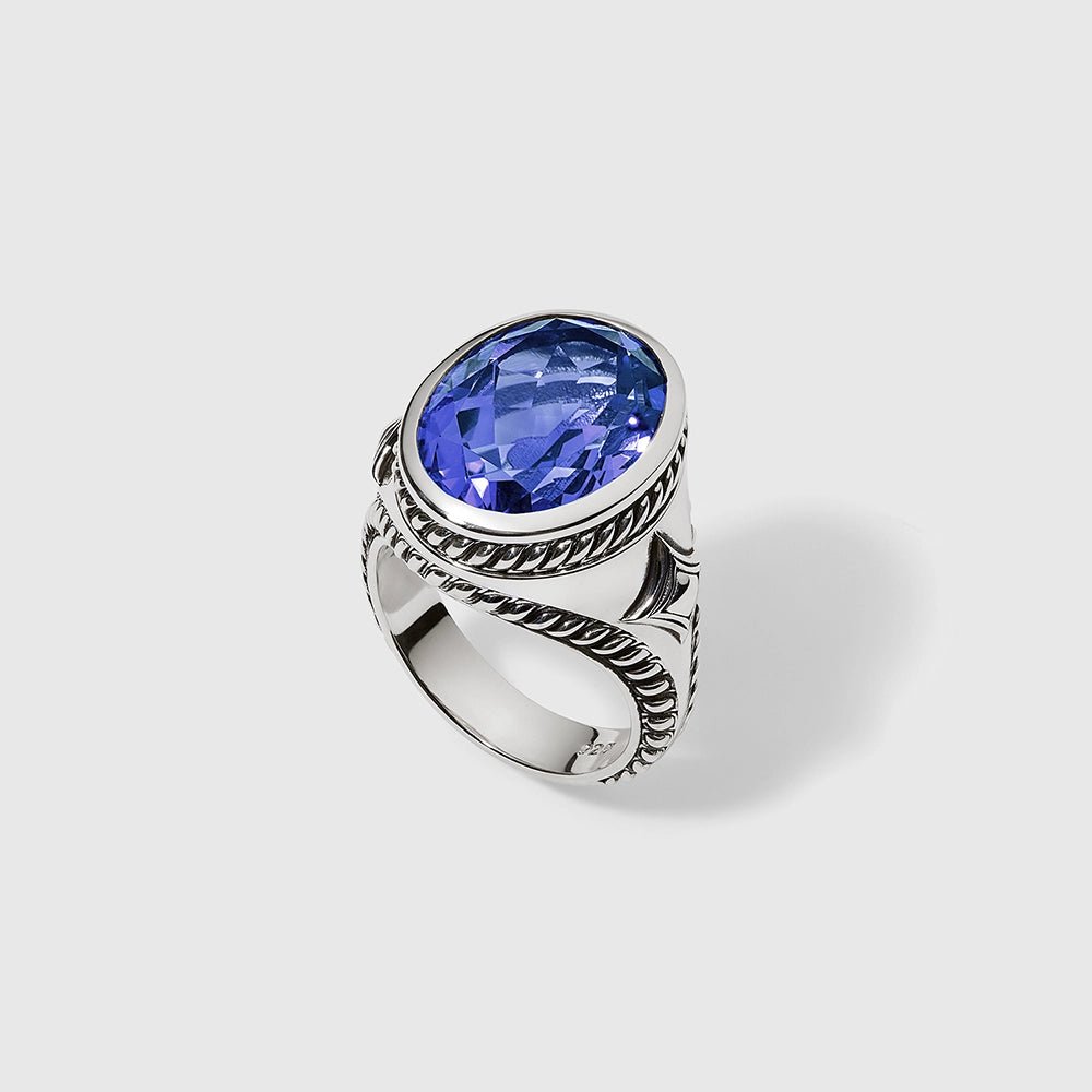 Persian Shield Unisex Signet Ring with Lab Blue Sapphire - DaneilaLeon