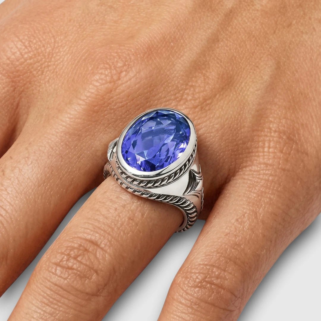Persian Shield Unisex Signet Ring with Lab Blue Sapphire - DaneilaLeon