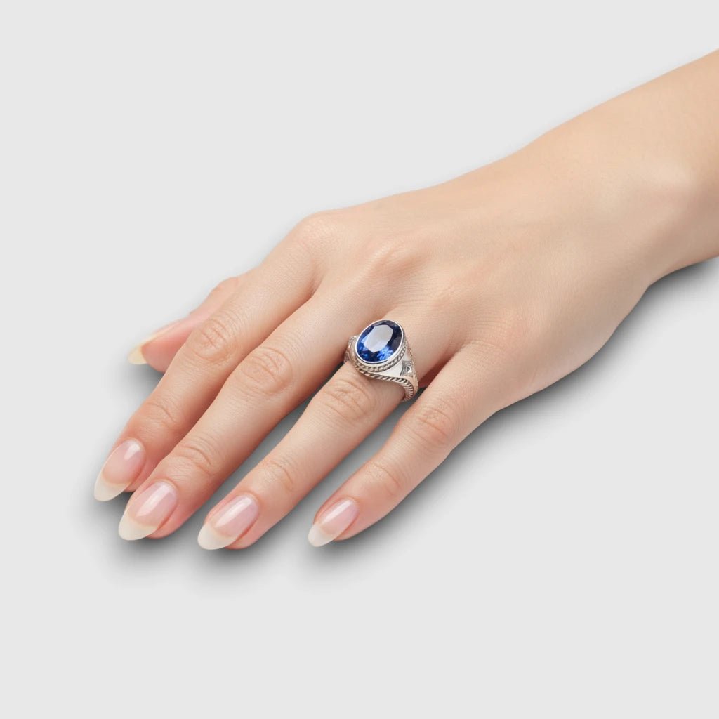 Persian Shield Unisex Signet Ring with Lab Blue Sapphire - DaneilaLeon