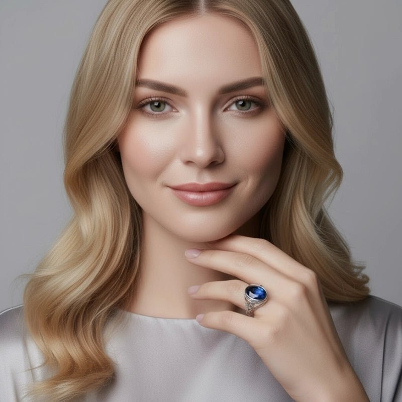 Persian Shield Unisex Signet Ring with Lab Blue Sapphire - DaneilaLeon
