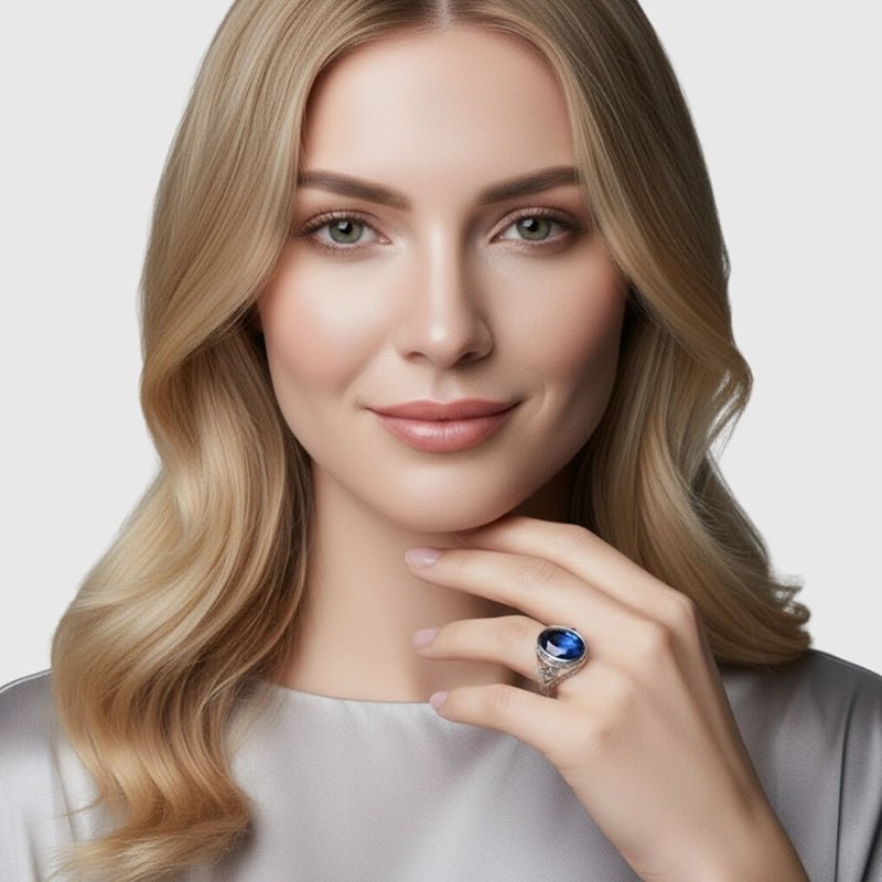 Persian Shield Unisex Signet Ring with Lab Blue Sapphire - DaneilaLeon