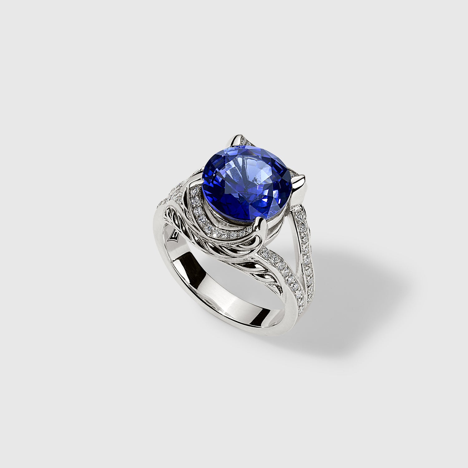 Persian Shield Ring with LG Round Brilliant Cut Blue Sapphire & Diamonds In Sterling Silver