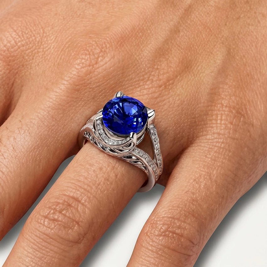 Persian Shield Round Sapphire & Diamond Ring – 4.5ct Lab Sapphire - DaneilaLeon