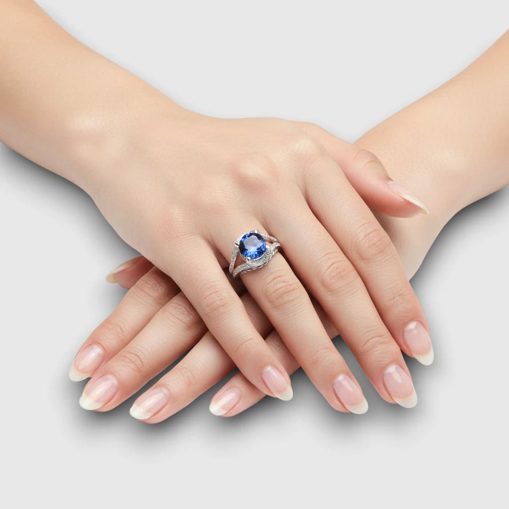 Persian Shield Round Sapphire & Diamond Ring – 4.5ct Lab Sapphire - DaneilaLeon