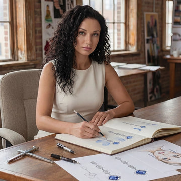 Elegant jewelry designer -founder sketching blue sapphire necklace concepts at a wooden studio desk with natural window light and luxury atelier atmosphere