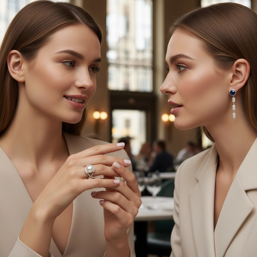 Two elegant women seated in a refined restaurant setting, wearing Daneila Léon jewelry — one showcasing a pearl and diamond ring, the other wearing sapphire drop earrings.