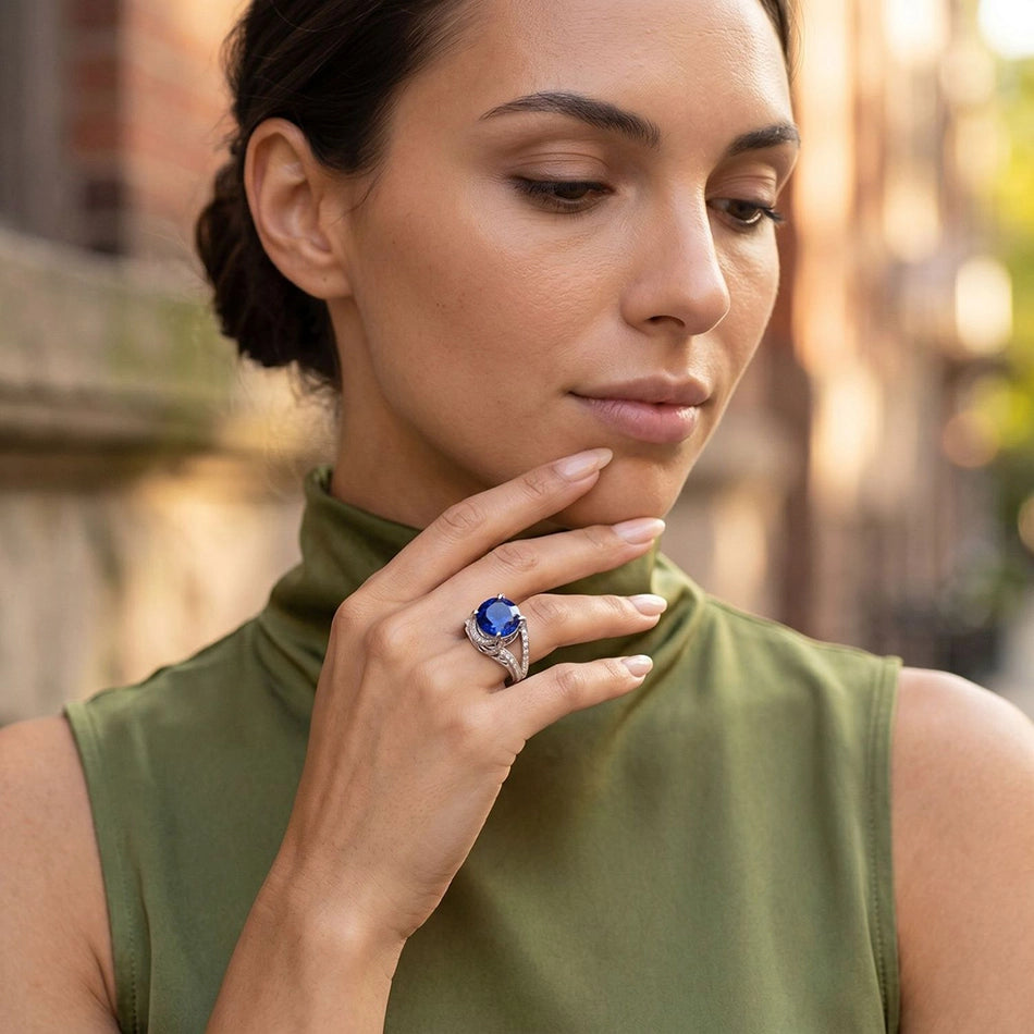 Woman wearing sterling silver ring with faceted blue sapphire and diamond accents in soft natural light editorial portrait