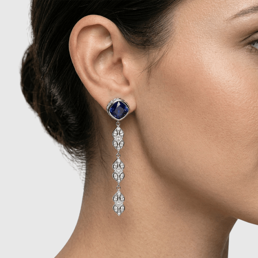 Persian Shield Chandelier Blue Sapphire Earrings With Diamonds - DaneilaLeon