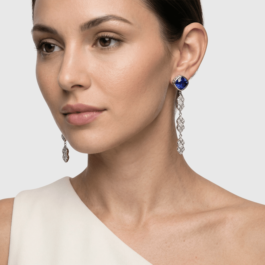 Persian Shield Chandelier Blue Sapphire Earrings With Diamonds - DaneilaLeon