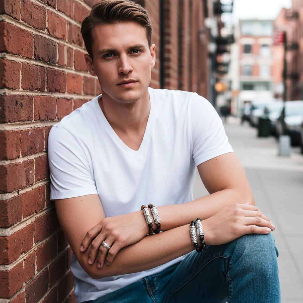 A man in a white V-neck T-shirt and jeans sitting against a brick wall in New York’s West Village, wearing Daneila Léon sculpted silver bracelets, beaded bracelets, and a silver ring, photographed in a crisp urban street setting